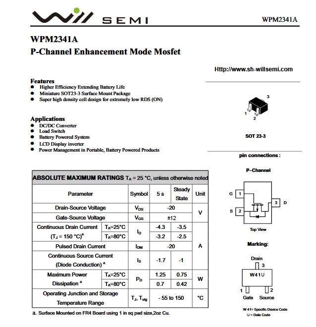 WPM2341A-3-TR  P-Channel  MOSFET  SOT23  SEMİ